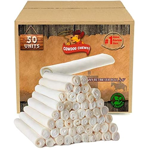 Cowdog Chews 5-6 Inches Rawhide Retriever Roll - Chewing Dog Treat, 100% Natural - Natural Grass Fed Livestock Sourced (50 Pack)