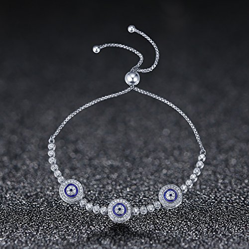 BISAER 925 Sterling Silver Blue Evil Eye Bracelet with Cubic Zirconia Hamsa Adjustable Chain Bracelets for Women3