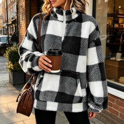 PXQIRMR Sweatshirt for Women Fuzzy Plaid Half Zip Kangaroo Pocket Pullover - image 2