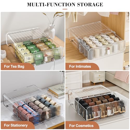 Sock Underwear Drawer Organizer - 24 Compartment Clear Acrylic Storage Bins with Removable Dividers for Closet, Stackable Dresser Drawer Box for No-Mess Socks, Tiers, Baby Clothes, Belt, Tea Bag