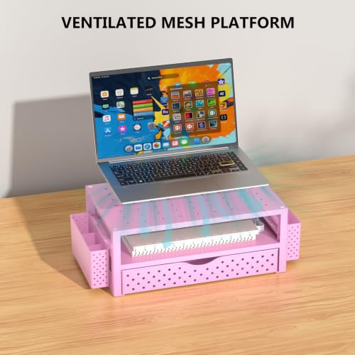 Image of WALI Desk Organizer with Drawer and Pen Holder, 3 Tier Computer Monitor Stand for Home Office Supplies, Laptop Stand Riser for Computer, Laptop, Printer(PTT004-P), 1 Pack, Pink