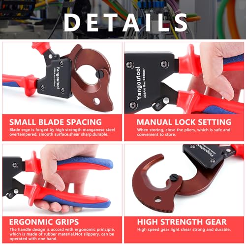 Image of Yangoutool Ratchet Cable Cutter Heavy Duty for Copper and Aluminum Cables, 240mm Capacity, Sharp Polished Edges, Ideal for Cutting Large Armored Electrical Wires, Perfect for Electricians