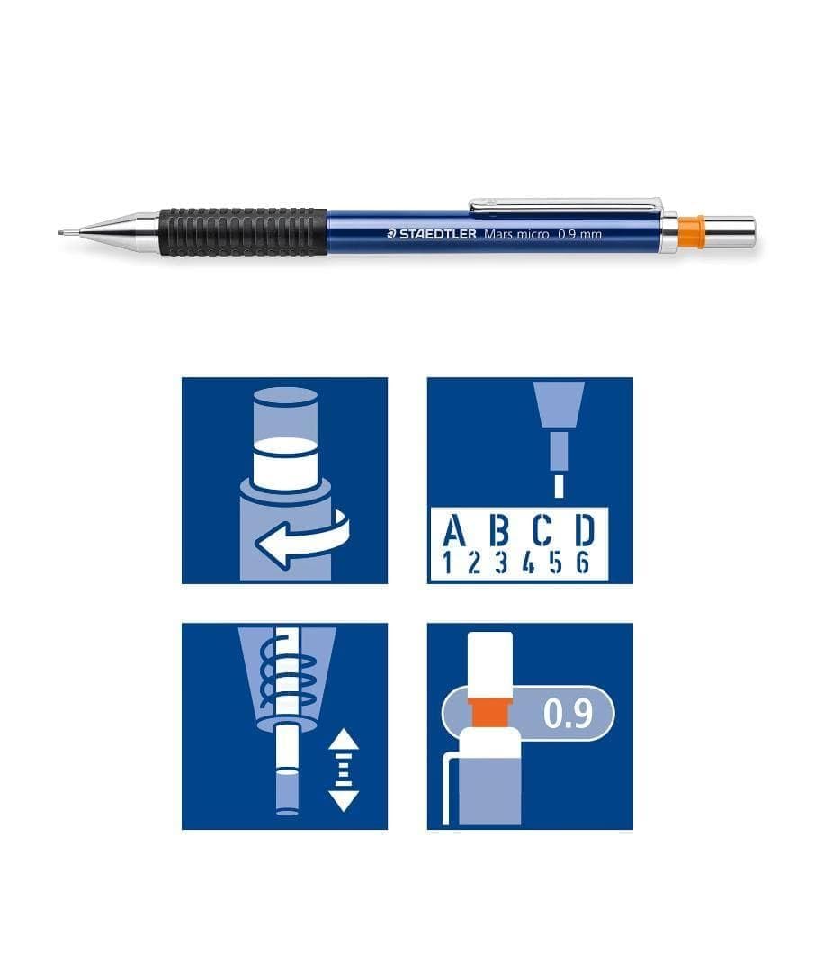 STAEDTLER Micro 775 - Portaminas (10 unidades, 0,9 mm, recargables, caña de plástico con manguito ergonómico de goma), color azul