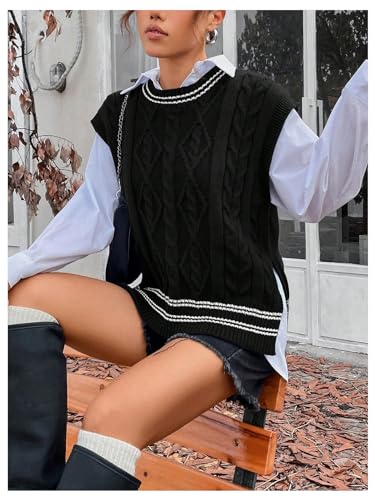 OYOANGLE Women's Cable Knit Round Neck Sleeveless Sweater Vests Side Split Casual Pullover Tops4