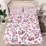 Picture of Western Cowgirl Fitted Sheet Full Size 3 Pcs,Rustic Brown Cowhide Print Tribal Caps Cowboy Boots Collections(No Flat Sheet),Pink Bowknot Princess Style Bow Bedding Deep Pocket for Kids