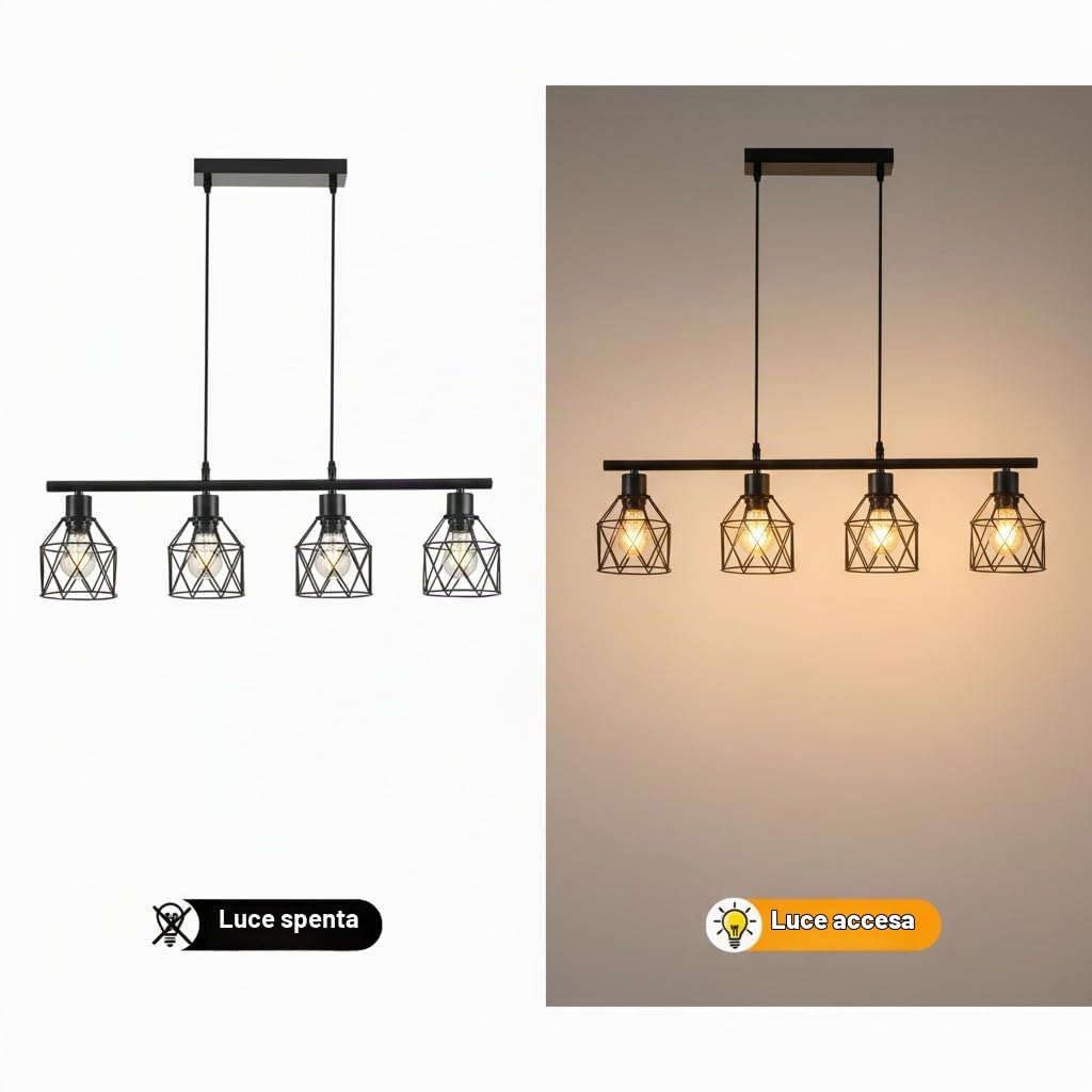 Lampadario a Sospensione Vintage Industriale, 4 Luci Lampada da Soffitto in Metallo E27, Lampada a Sospensione Retrò per Cucina a Isola e Tavolo da Pranzo, Nero, 75 x 13 x 140 cm