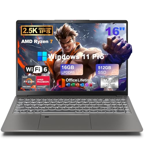 2025 16 Inch 2.5K IPS Gaming Laptop Computer, AMD Ryzen 7 6800H (Up to 4.7GHz), 16GB DDR5 512GB SSD, AMD Radeon 680M, WiFi 6, Type-C, Webcam, Fingerprint, Backlit Keyboard, Windows 11 Pro w/ MS Office