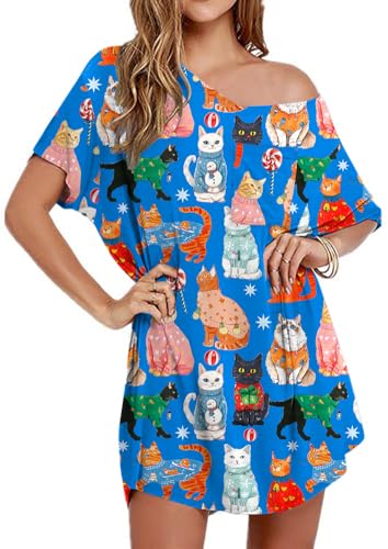 Image of Ekouaer Womens Tshirt Nightgown Cotton V Neck Sleepshirts Comfy Casual Nightshirt for Women, Cat Blue, Medium