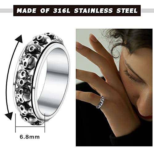 Musecloud Skull Ring Punk Fidget Ring For Women Men Stainless Steel Thumb Anxiety Ring Vintage Cool Gothic Spinner Band Anti Anxiety Stress Relief Jewelry (Silver, 9) #TOP3