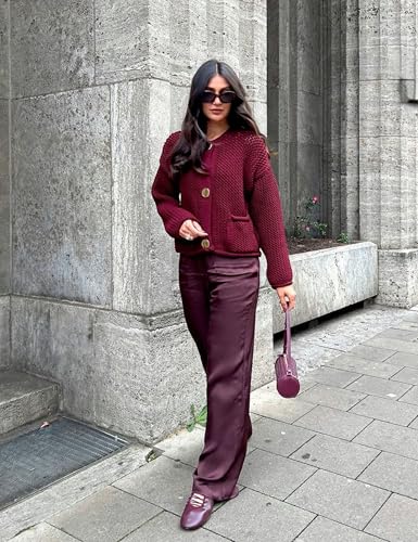 Women's Cropped Cardigan Sweaters Chunky Knit Gold Button Down Long Sleeve Open Front Cardigan with Pockets (Burgundy-M)4