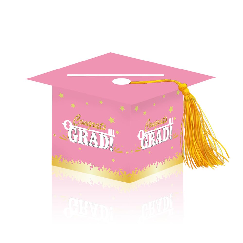 2026 Graduation Party Card Box, Pink Gold Congrats Cap Card Holder Box with Tassel for 2026 Graduation Party Decoration