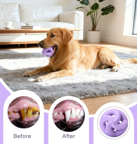 PetZee Dog Chew Toys for Aggressive Chewers, Natural Rubber/Interactive Dog Toy for Fetch & Tug, Indestructible Dog Toy - Anxiety Relief & Training & Dishwasher Safe, Tough Dog Toy Balls, 4", Purple — view 6