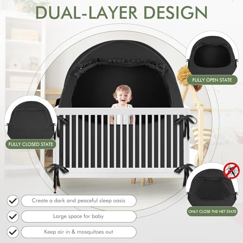 Image of Crib Blackout Tent for Pack N Play, Pop Up Travel Crib Blackout Cover Canopy, Breathable Baby Sleep Pod with Safe Bottom Design