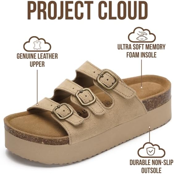 Project Cloud 100% Genuine Leather Platform Sandals Women Footwear - Comfortable Womens Slides Memory Foam Insole - Non Slip Water-Resistant 3-Strap Wedge Sandals for Women 2026 (Dyan) - Image 2