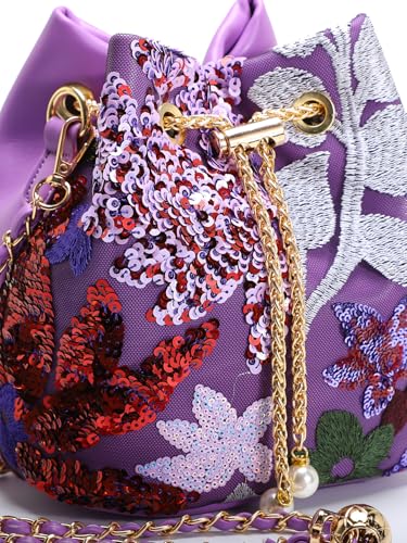 Sequins Bucket Bag Chinese Retro Crossbody Bags Embroidered Flowers Chain Handbag For Travel Daily Shopping 1PCS3
