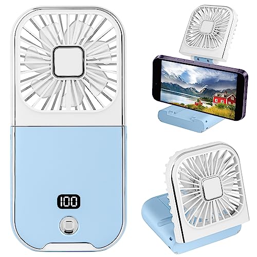 Folding Handheld Fan with LED Display, Mini Portable Personal Fan USB Rechargeable Power Bank Fan Neck Fan, Battery Powered 180° Foldable Desk Fan Cooling for Office Home Travel Camping (Blue)