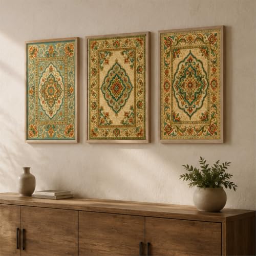 Image of Livin'luxe Set of 3 Vintage Persian Pattern Wall Paintings for Living Room Bedroom Hallway Home Decor with Premium Wooden Color Synthetic Frame (13.5 x 19.5 Inch) NM03-69