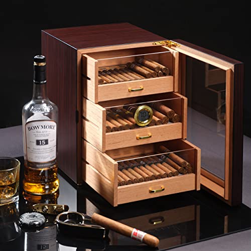 Primezone Handcrafted Cigar Humidor Box - Cedar Wood Cigar Box For 100 To 150 Cigars With Digital Hygrometer, 3 Drawers & 2 Crystal Gel Humidifiers, Cigar Gift For Men, Cigar Aficionados & Father #TOP6