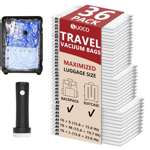 Image of Travel Vacuum Bags for Clothing with Cordless Pump 36 Combo, Clear | Compression Packing Cubes Organizer Storage for Luggage Suitcase, Space Saver Seal Bags for Vacation Cruise