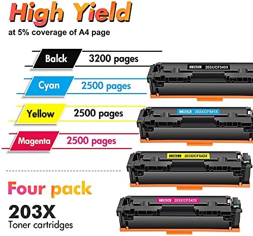 (4-Pack) Compatible 203X Toner Cartridge Replacement for HP 203X CF540X 203A CF540A Color Laserjet Pro MFP M281fdw M254dw M281fdn M280nw M281cdw M254nw M254dn M281 Black Cyan Yellow Magenta