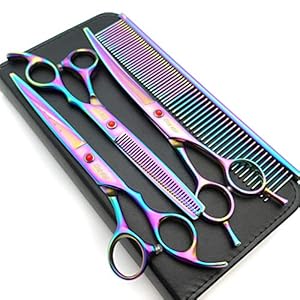7.0in Titanium Professional Pet Grooming Scissors Set,Straight & Thinning & Curved Scissors 3pcs Set for Dog Grooming,A349 (Rainbow)