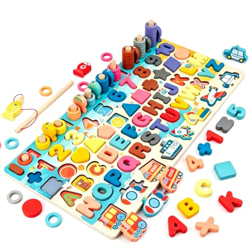 BRIGHTORA 7-in-1 Montessori Wooden Puzzle & Activity Board for Toddlers, Alphabet Numbers Shapes Color Sorting Fishing Game, Educational Learning Toy for Boys & Girls Ages 3+