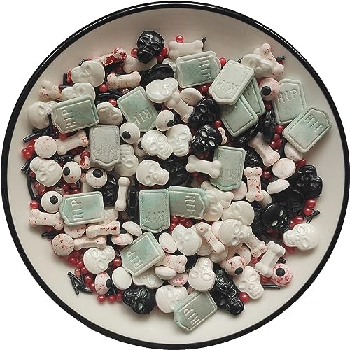 Essbare Halloween Süßigkeits Streusel perlen Jimmies | Grabstein Kuchen Cupcake Topper | Blutiger Augen plätzchen dekoration | Totenkopf Dessertstreusel | Blutiger Knochen tägliche