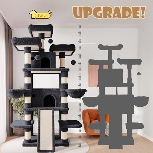 Image of SHA CERLIN 81 Inches Extra Large Cat Tree for Indoor Adult Cats /XXL Big Cat Tower with Condo /Cozy Perches /Sisal Scratching Posts and Hammocks /Activity Center /F80 /Heavy Duty /Dark Grey