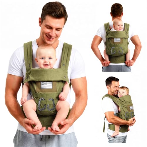 Image of YESYBC Baby Carrier, Lumbar Support Infant Carrier (0-36M, 8-33 lbs) with Foldable Headrest Carabiners for Big and Tall Parents, Men, Women (Green)