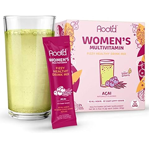 Root'd - Powder Multivitamin For Women - With 25 Vitamins & Minerals | Vitamin A, C, D, E, B12, B6, K, Iron, Probiotics, Electrolytes, Organic Super Greens | Natural Acai | 24 Effervescent Stick Packs Cover