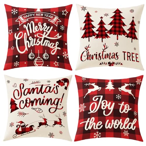 YOSICHY Plaid Christmas Pillow Covers 18x18 Buffalo Check Set of 4 Red Black Christmas Decorations Farmhouse Throw Pillow Covers Winter Holiday Linen Cushion Case for Home Sofa Couch Bed Chair