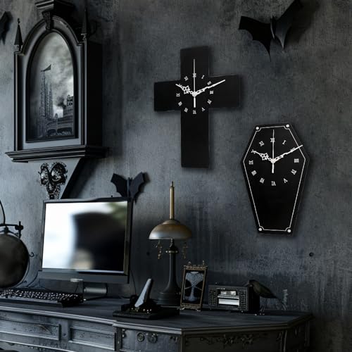 Gothvanity Gothic Coffin Wall Clock - Silent Non-Ticking Spooky Dark Aesthetic Decor, Wooden Black Wall Hanging for Living Room Bedroom Office Gothvanity Gothic Coffin Wall Clock - Silent Non-Ticking Spooky Dark Aesthetic Decor, Wooden Black Wall Hanging for Living Room Bedroom Office