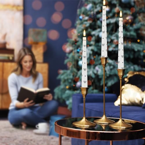 Image of Flameless Taper Candles with Remote, Black Bow and Dot Flameless Candles | Flickering LED Candlesticks with Remote and Timer, Warm 3D Wick Light, Home Table Mantel Party Festival Decor 9.6 Inches
