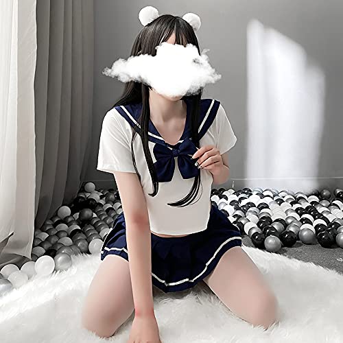 SINMIUANIME Schoolgirl Lingerie Set Sailor Uniform Dress Cosplay JK Student Wear Pleated Skirt With Socks (6908Blue White) - Image 4