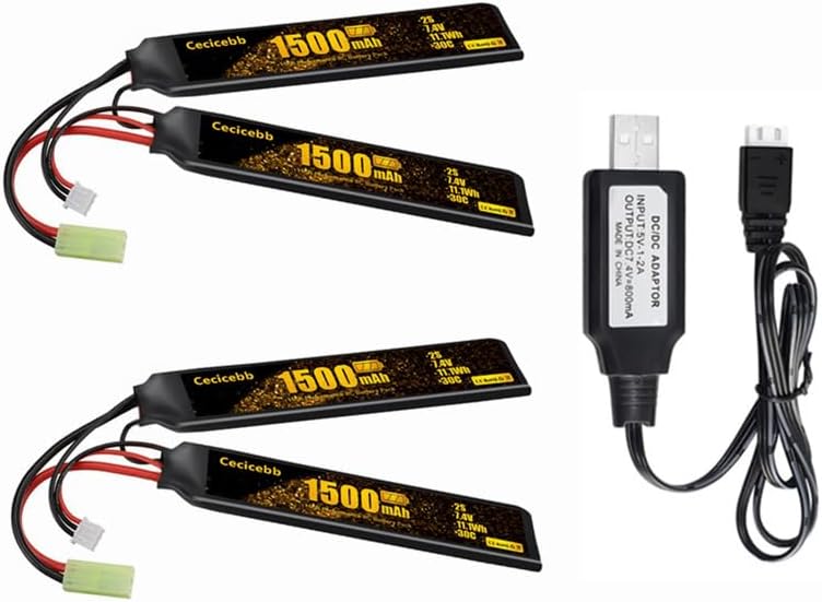 Batería Lipo de 7.4V 1500mAh con Mini Tamiya Plug Recargable 30C Ajuste para Airsoft Modelo Guns 2S Airsoft Batería con 7.4V Cargador Cable