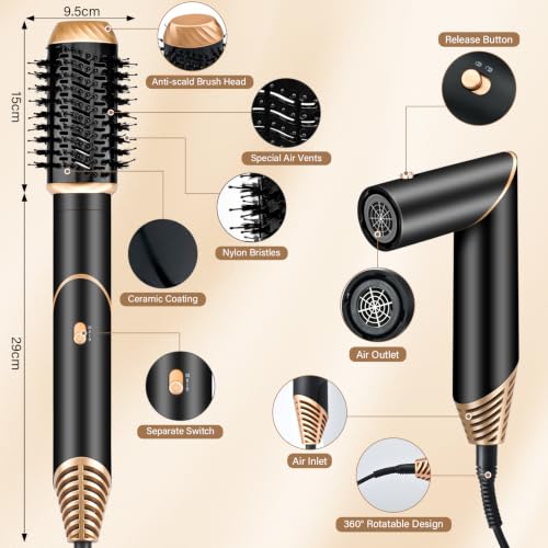 OHFAMO Stylizator Włosów 6 w 1, Jonowa Suszarka do Włosów 1000W z Automatyczną Lokówką, Szczotką Termiczną, Prostującą i Zwiększającą Objętość, Zestaw do Stylizacji dla Kobiet