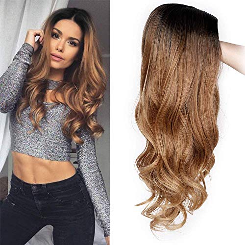 Image of Wig with Bangs Ombre Dark Blonde Wig Long Wavy Wigs for Women Synthetic Wavy Dark Blonde Wigs Heat Resistant Hair Long Wavy Wigs for Daily Party