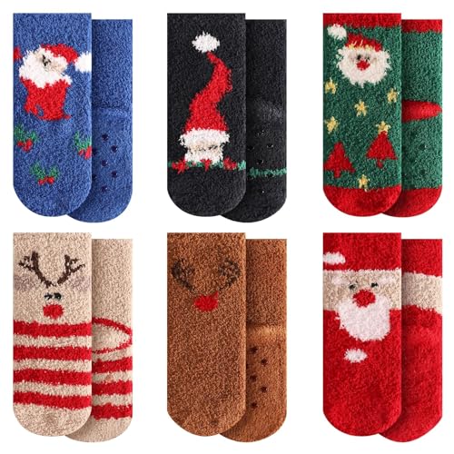 Image of October Elf Christmas Fuzzy Socks for Kids Plush Cartoon Non Slip Slipper Winter Warm Fleece Socks with Gift Box Pack of 6