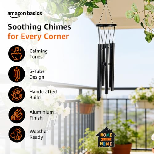 Image of Amazon Basics Premium Aluminium Evil Eye Wind Chimes for Home, Balcony & Garden |Soothing Melodic Sound | Decorative Hanging Gift | Color: Black | Material: Aluminum | Size: 65L x 9 W x 9H cms