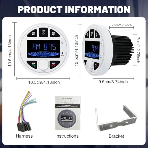 Image of 3 Inch Marine Radio Bluetooth Stereo Audio Waterproof Boat Radio FM AM USB | LEXXSON LCD Display Golf Cart Marine Stereo Receivers Audio Systems for RV UTV Yacht AUX Subwoofer White