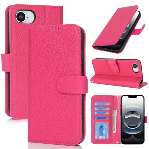 Coque iPhone 16e cuir véritable étui portefeuille avec blocage RFID rose rouge