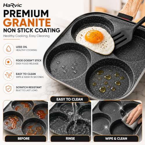 Image of 4 Cup Egg Frying Pan with Glass Lid &Wooden Handle, Non Stick Multi Section Fry Pan,4 Hole Omelette Pan, Breakfast Cooking Pan for Eggs, Pancakes, Burgers, Mini Dosa, Induction &Gas Compatible