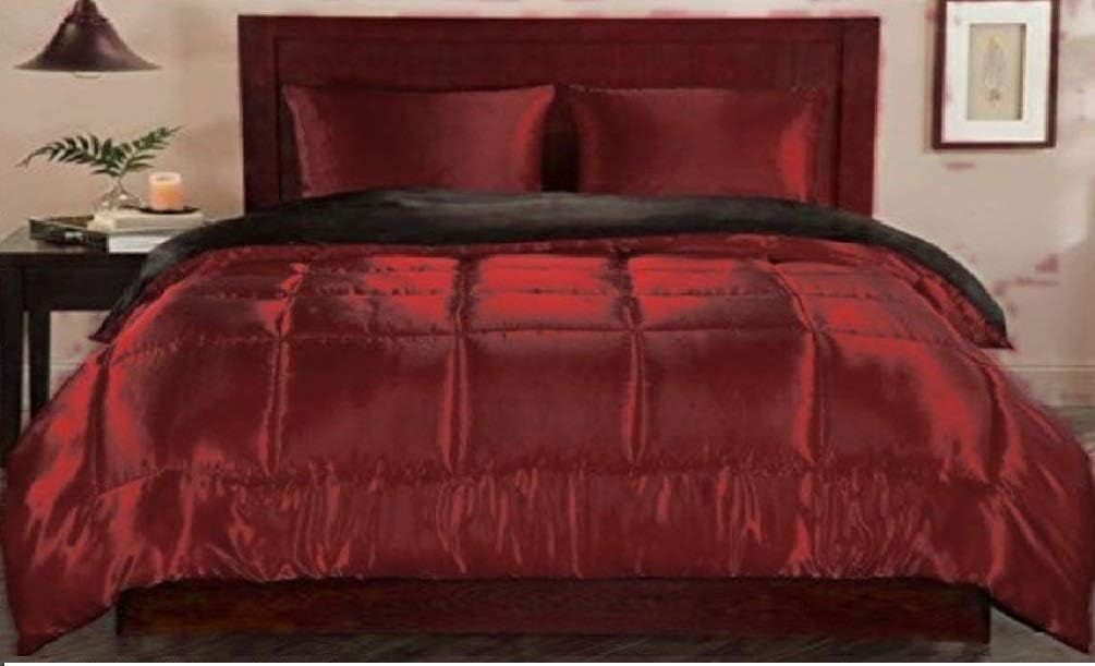 Tanya Linen- Alternative Quilted Ultra Soft Luxury Comforter Premium Silk Satin Solid, 3-Piece 1 Comforter & 2 Pillow Cases (King, Burgundy)