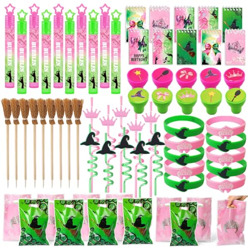 WPAZH Pink and Green Party Favor Decorations 70Pcs Bubbles Notebooks Stamps Broom Pencils Plastic Straws Goodie Bags Wristbands for Birthday Theme Decor Gift Supplies