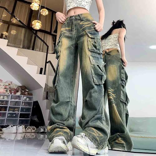 Workwear Denim Men's and Women's Retro Wasteland Color Multi Pocket Loose Hip-hop Wide Leg Hanging Pants4