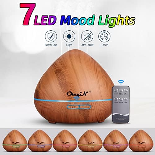 CkeyiN 500ml Essential Oil Diffuser with Remote Control, Cool Mist Humidifier, 12 Hours Operation Ultransonic Aroma Diffuser with Waterless Auto-Off & 7 LED Colors for Bedroom, Spa (Wood Grain)