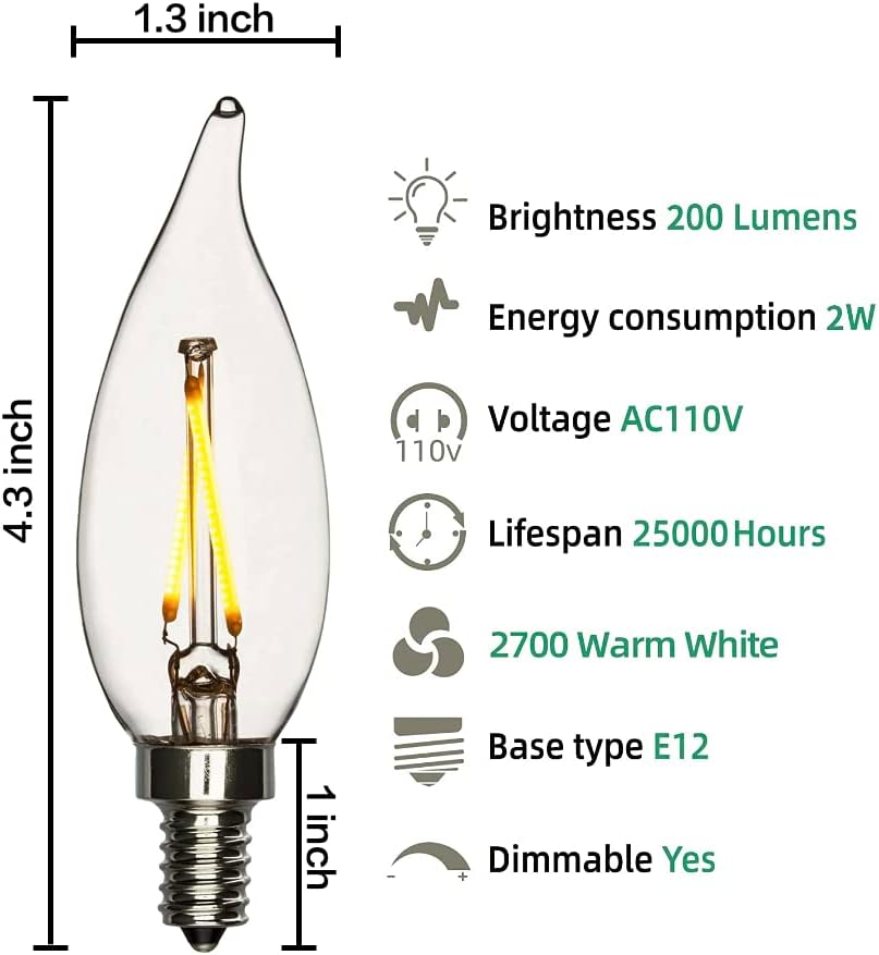Miniatura 2 de Bombilla LED de candelabro de 25 W con punta doblada, 2 vatios, blanco cálido, 2700 K, base E12, filamento de lámpara de araña. Listado UL, cumple