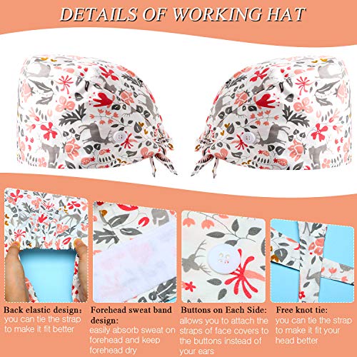 6 Pieces Scrub Caps With Buttons Women Working Cap Adjustable Sweatband Bouffant Hats (Floral Pattern) Multicoloured #TOP2