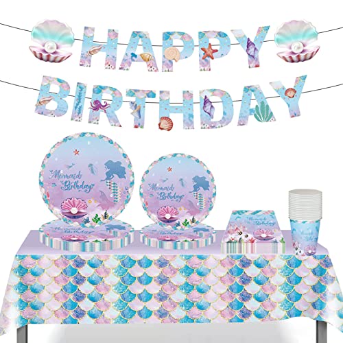 70 Piezas Suministros De Fiesta De Sirena,Vajilla Fiesta,Incluye Platos, Vasos, Mantel, Servilletas,Para Fiesta De Cumpleaños Con Tema De Sirena De Niña,Decoraciones De Baby Shower(16 Invitados) Cover