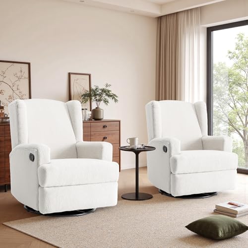 Image of Swivel Rocker Recliner Chairs Set of 2, 360 Swivel Wingback Recliner Chairs for Adults, Upholstered Boucle Fabric Glider Rocking Chair with High Back, Deep Seat for Living Romm Bedroom, Beige